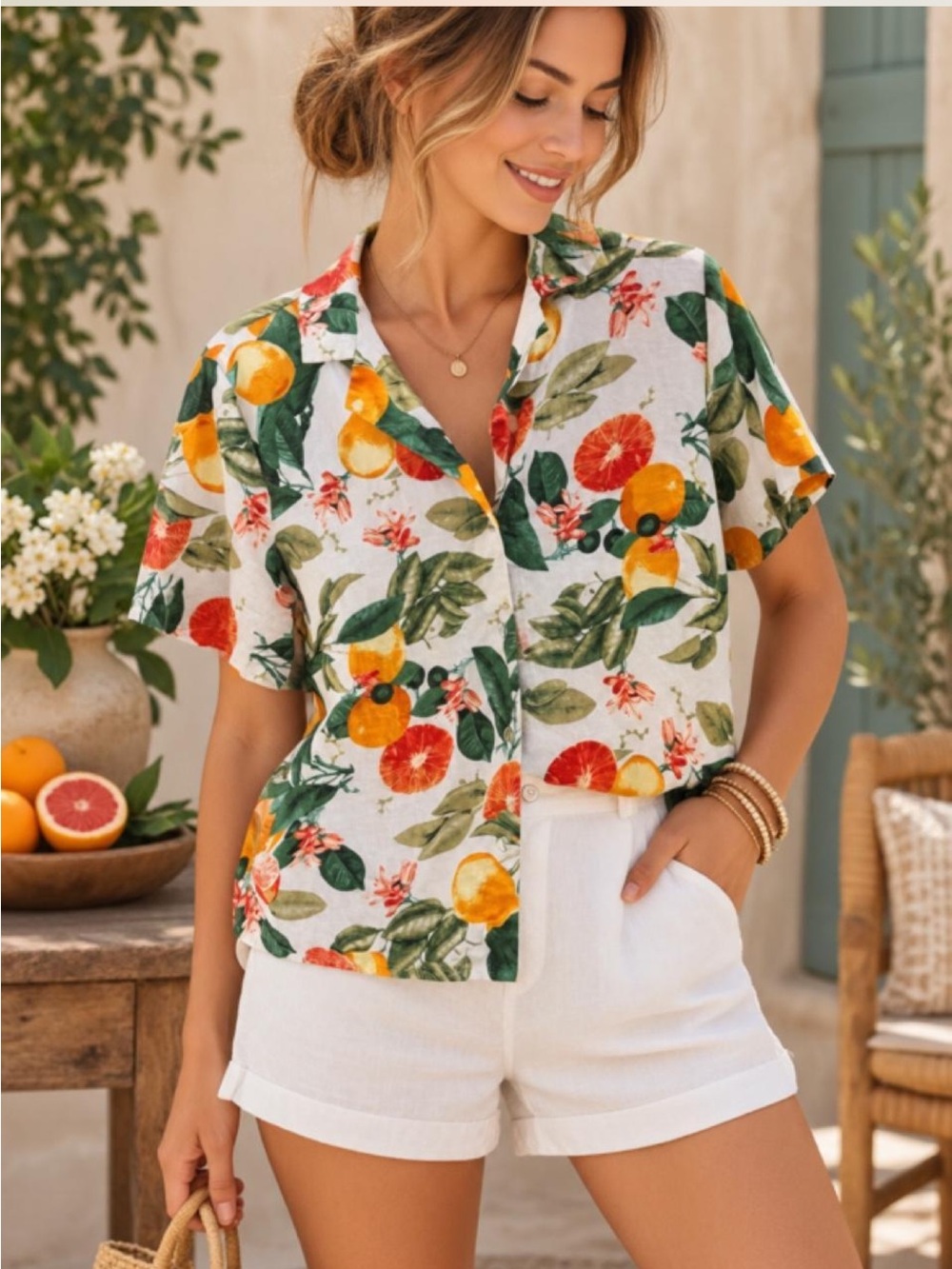 Cynthia Rowley White Citrus Print Short Sleeve Button-Down